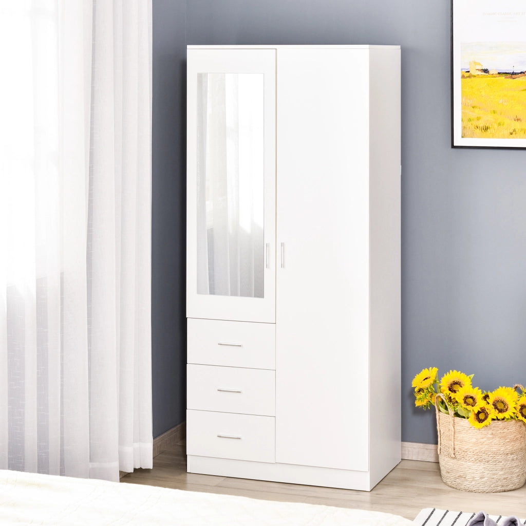 Armadio Guardaroba Moderno 2 Ante con Specchio e 3 Cassetti, Mobile da Camera Pratico e Robusto, 80x50x180cm, Bianco