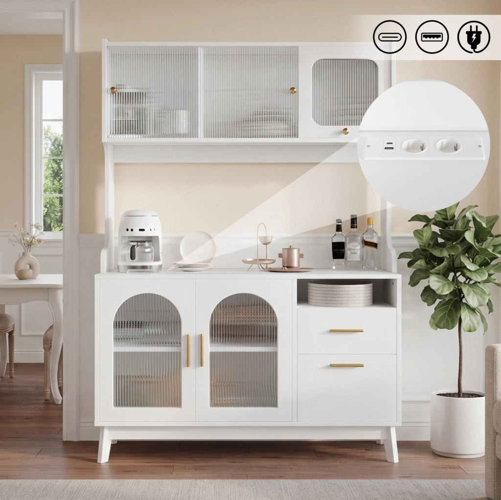 Credenza alta bianca con prese integrate e porte USB