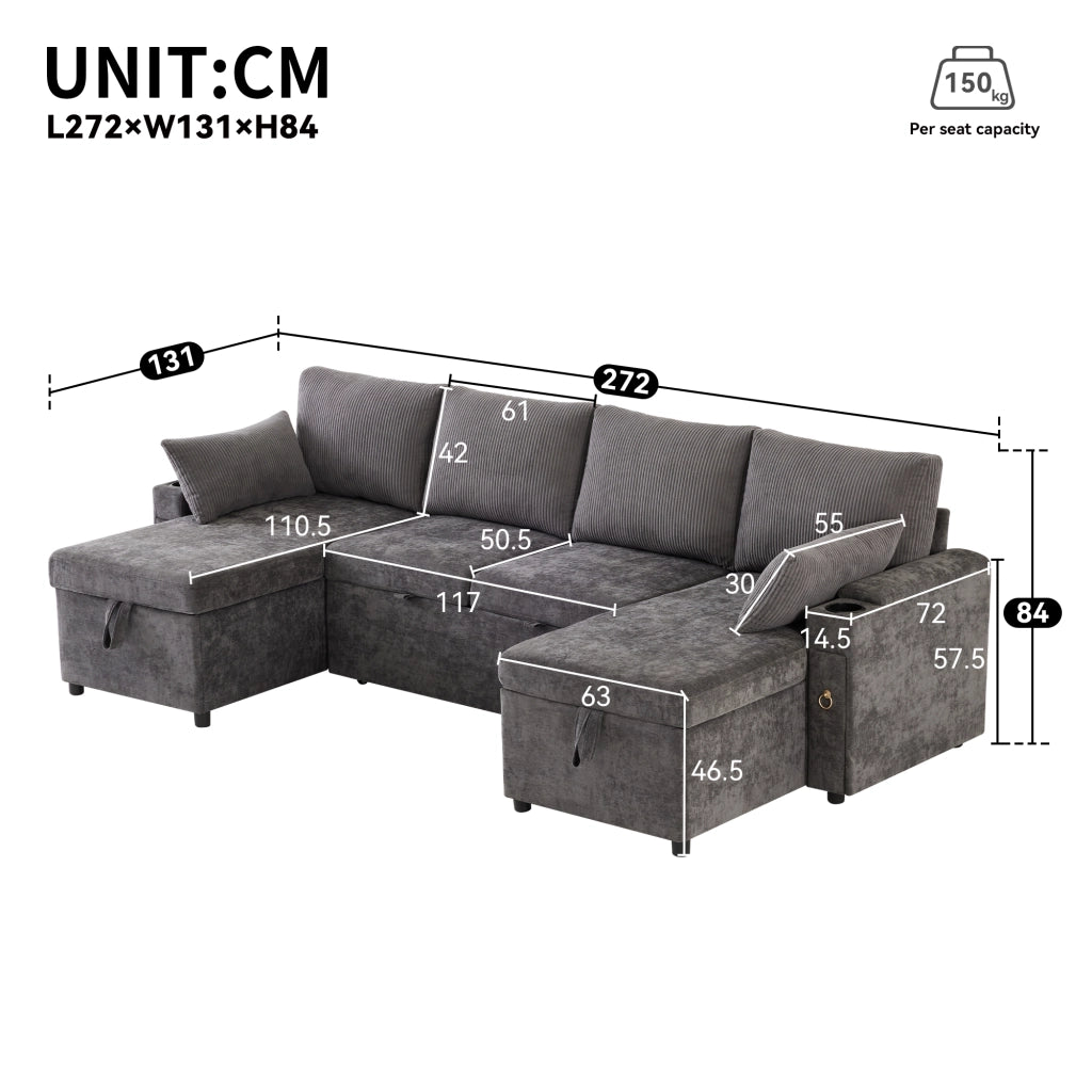 Divano angolare convertibile a U 4 posti con portabicchieri e vani contenitore, in Chenille e Corduroy Grigio