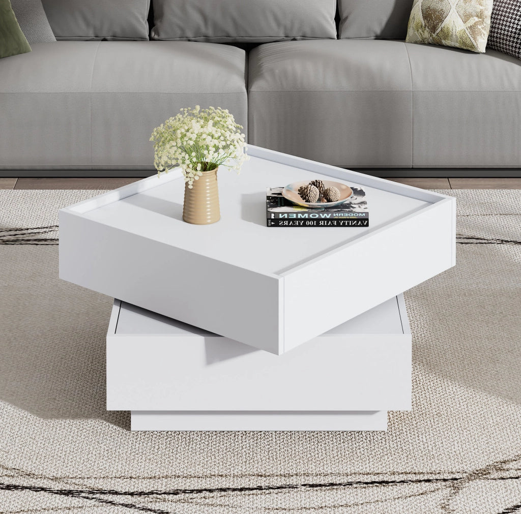 Tavolino da caffè bianco girevole a 360° con 2 cassetti, 60 × 60 × 38 cm