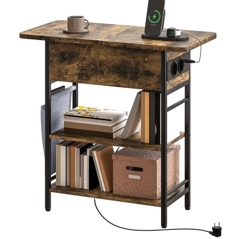 Comodino con prese e USB, 2 ripiani, marrone rustico
