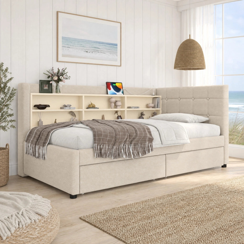 Letto singolo 90 x 200 cm beige con 2 cassetti, prese USB e USB-C