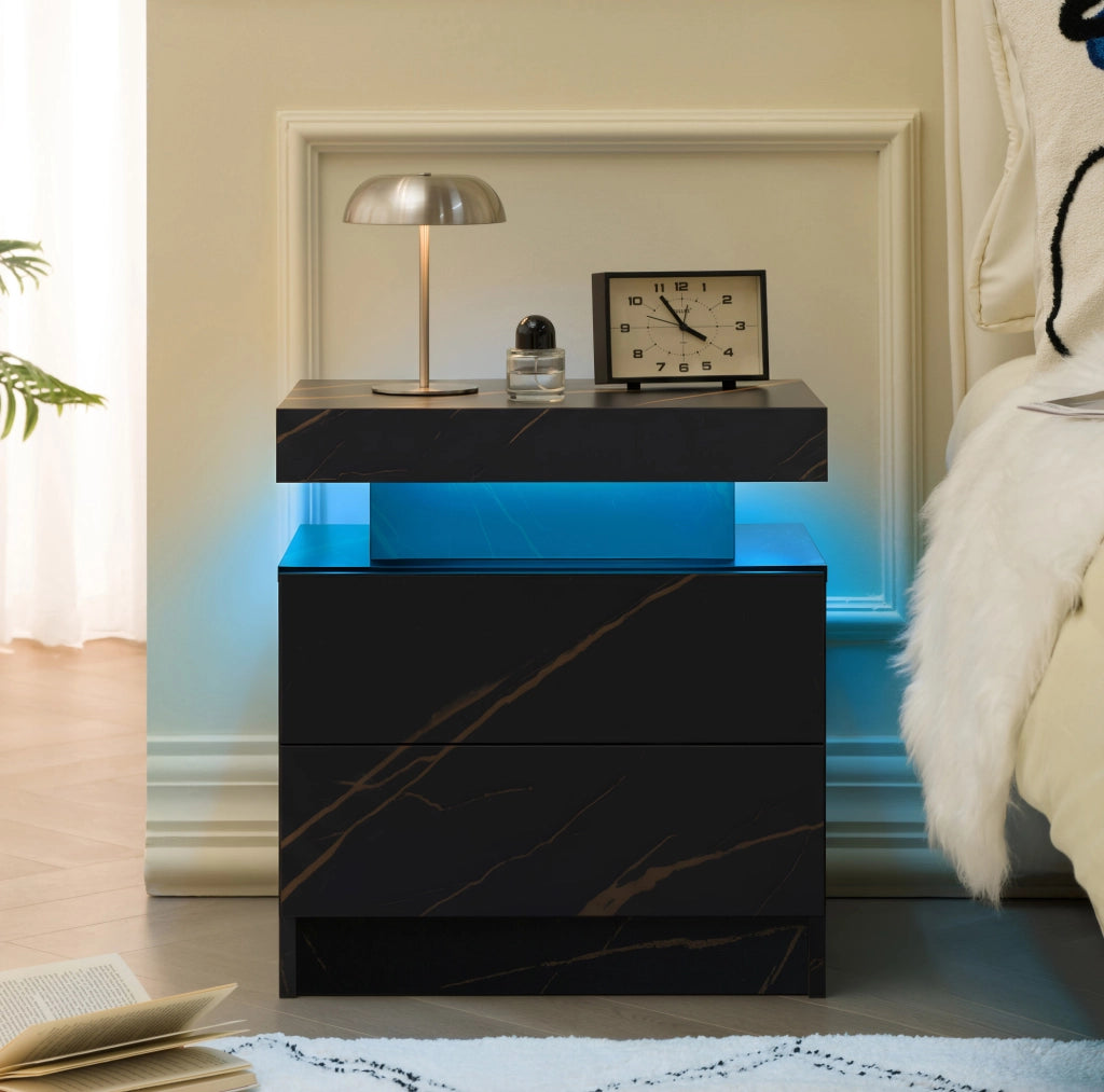 Comodino ULEVR con LED multicolore regolabile, 2 cassetti e vano aperto, nero e oro