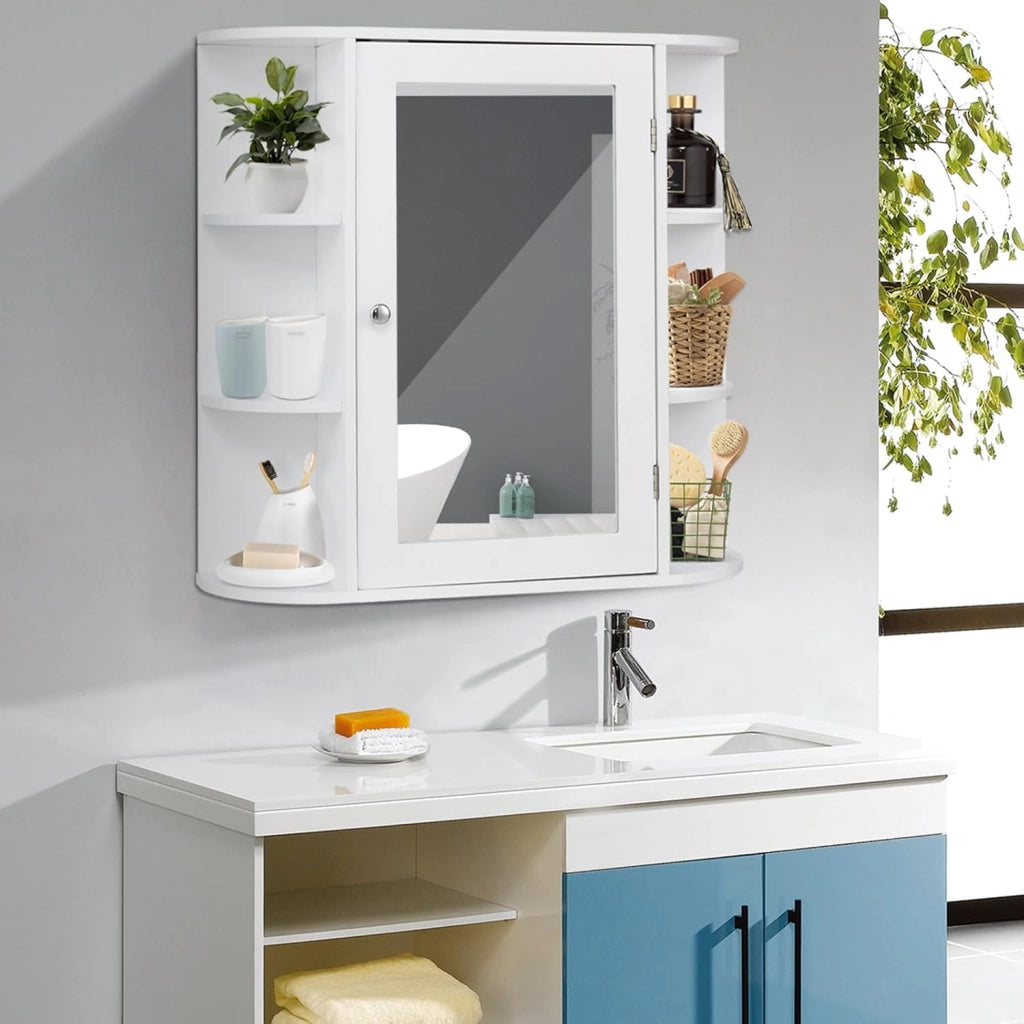 Mobile da Bagno 66 x 17 x 63cm, Armadietto da parete con Specchio, Ante e Mensola Regolabile, Armadietto Moderno e Multiuso, Bianco
