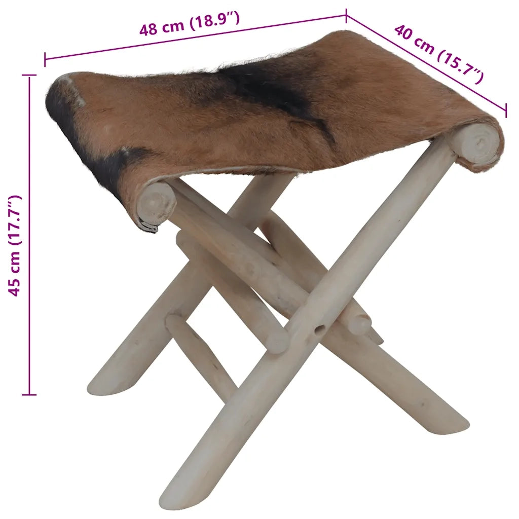 Sgabello Pieghevole in Pelle di Capra e Legno di Teak CFW1192439