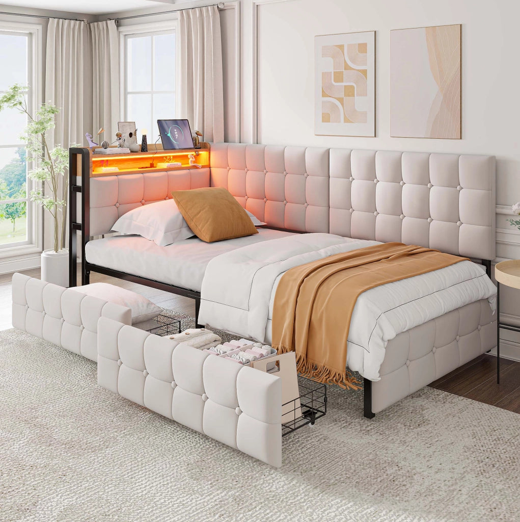 Divano letto imbottito 90x200 cm beige con LED, USB-C e 2 cassetti