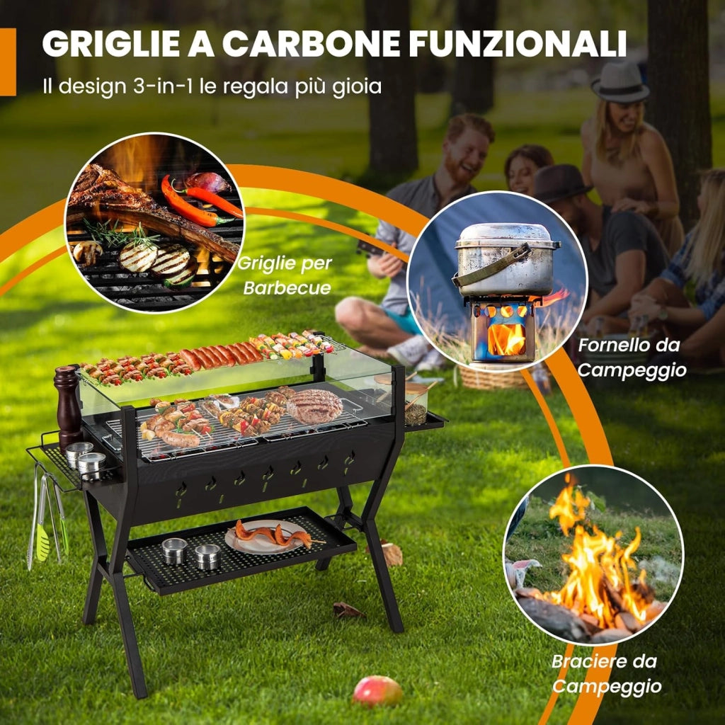 Barbecue a Carbonella, Griglia a Carbone Portatile con Protezione Antivento, Ripiani per Condimenti, Mensola Portaoggetti, per Cucinare, Campeggio e picnic
