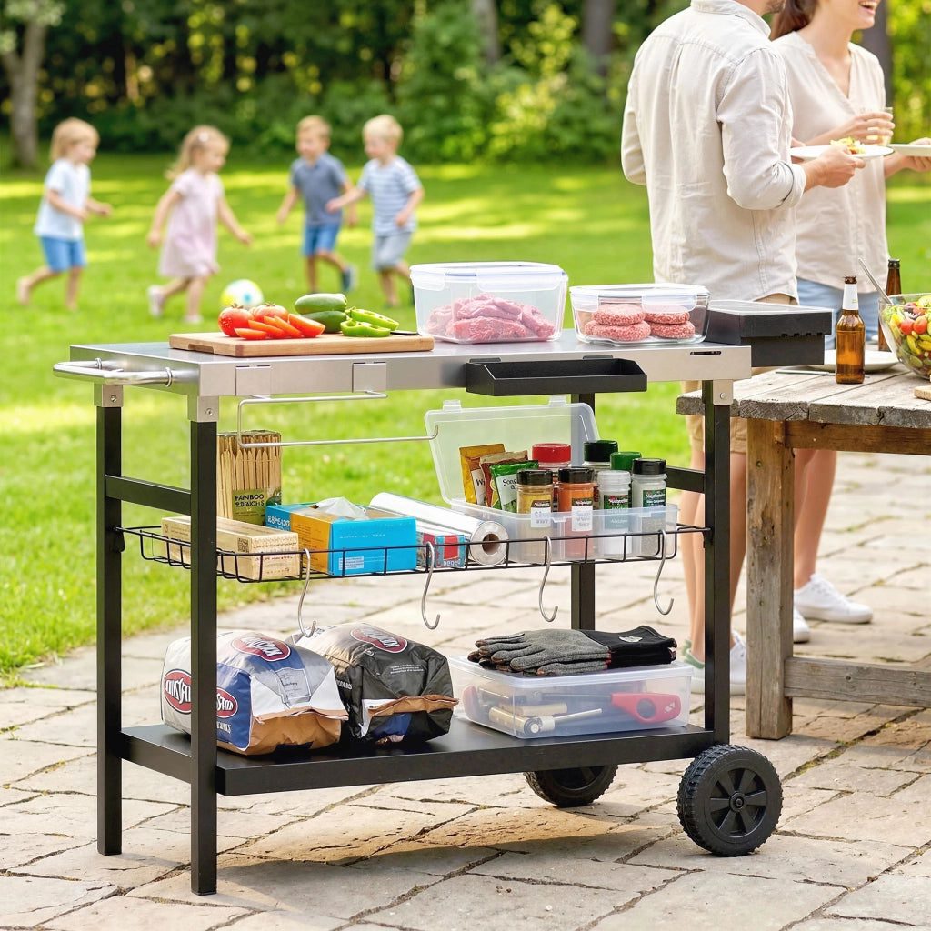 Carrello Barbecue da Esterno per Giardino, Tavolo Cucina con Piano in Acciaio Inox, 3 Ripiani, Ganci e Porta Spezie, Nero, Robusto e Pratico