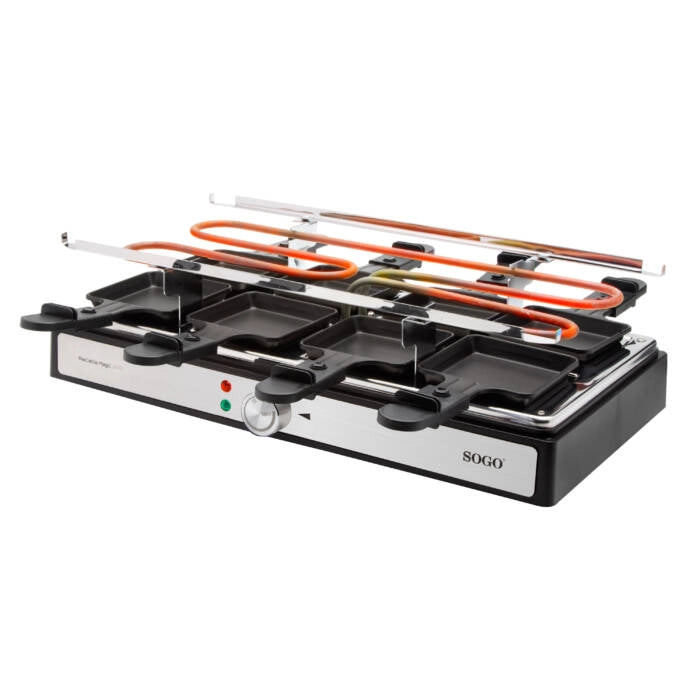 Raclette elettrica con grill e pietra, piastra 42x21 cm 8 persone, termostato regolabile 1400W per carne e formaggio - Sogo