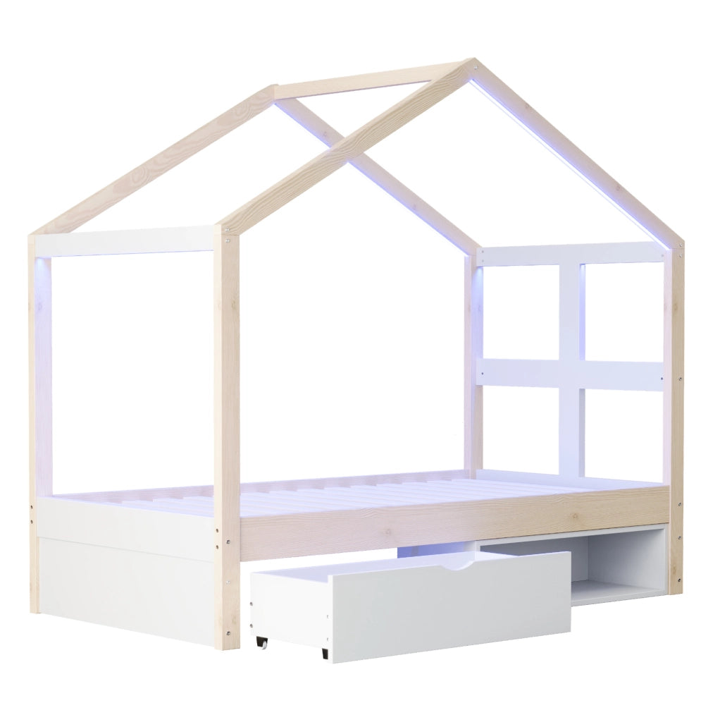 Letto a casetta 90x190 cm con cassetti, scarpiera e LED multicolore