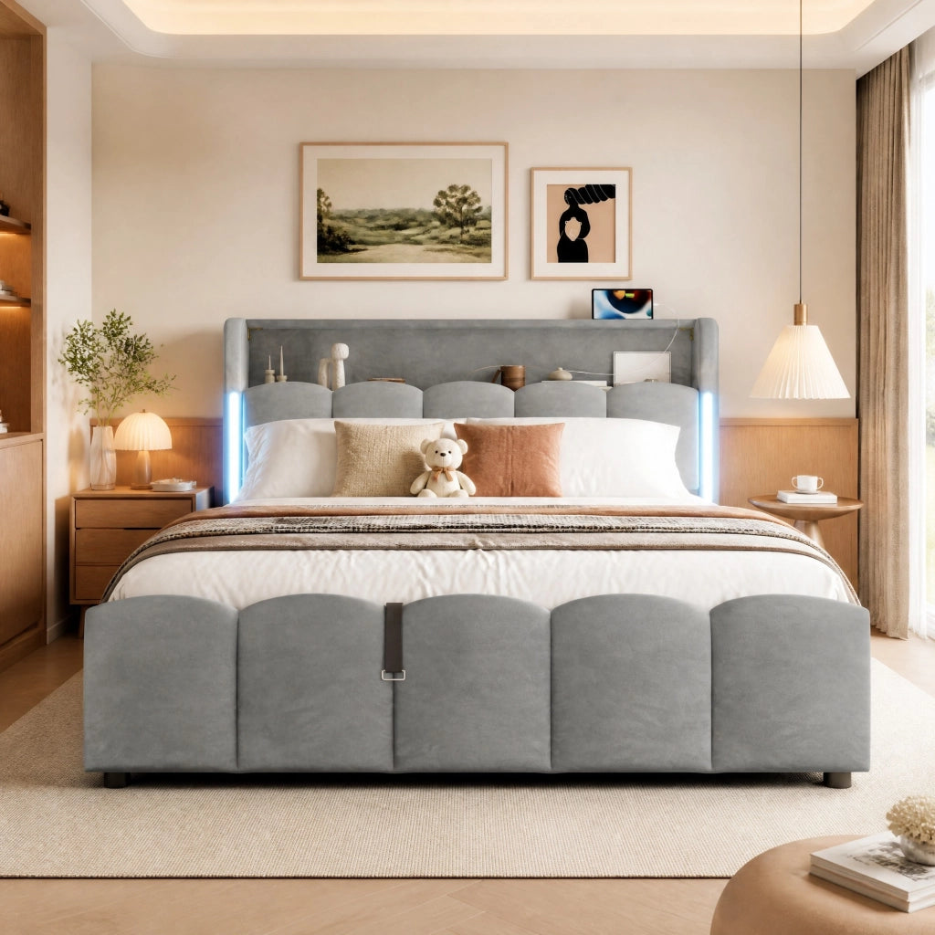 Letto imbottito in velluto grigio 140 x 200 cm con LED, vano contenitore e porte USB