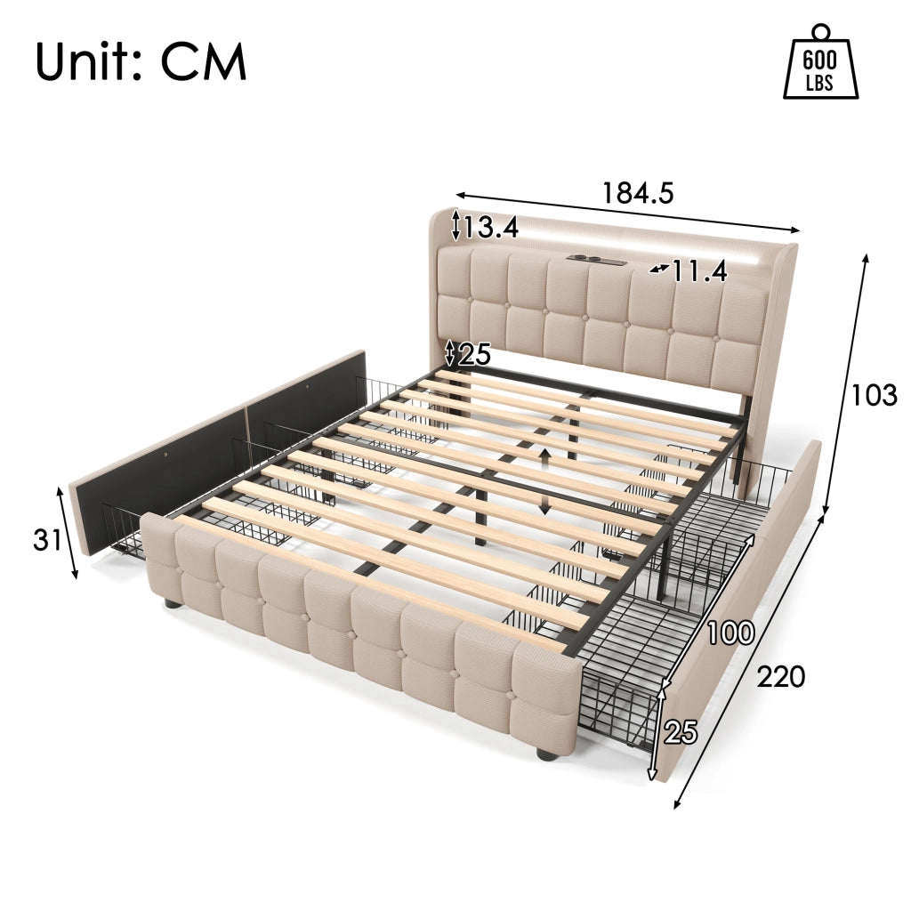 Letto con cassetti 180 × 200 cm con 4 cassetti LED prese USB e testiera imbottita beige