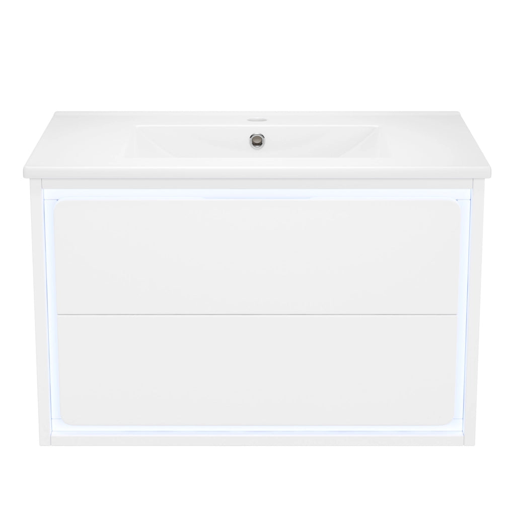 Mobile lavabo sospeso 76x46x48,5 cm in MDF e ceramica bianco, LED e 2 cassetti