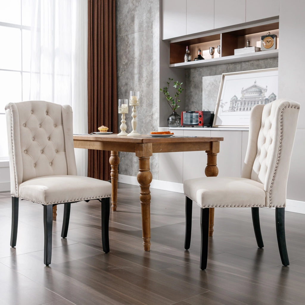 Sedie da Pranzo in Velluto con Gambe in Legno ¨C MINIMAL ¨C Set 6 Pezzi, Beige