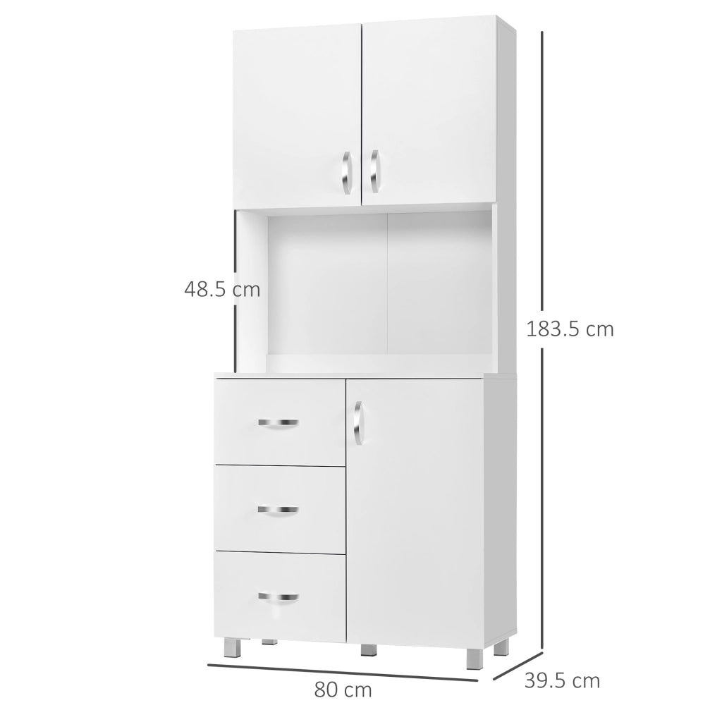 Credenza da Cucina e Soggiorno, Credenza Moderna in Legno Bianco, 2 Armadietti, Mensole Regolabili, 1 Ripiano Aperto e 3 Cassetti, 80x39.5x183.5cm