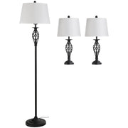 Set 3 Pezzi: 1 Lampada da Terra e 2 Lampade da Tavolo in Metallo, Design Vintage, Lampadine E27, Nero e Bianco