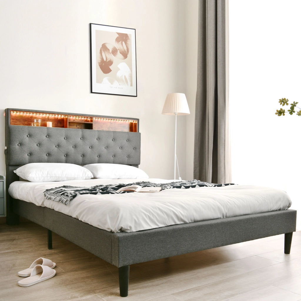 Letto imbottito grigio 140x200 con testiera contenitore