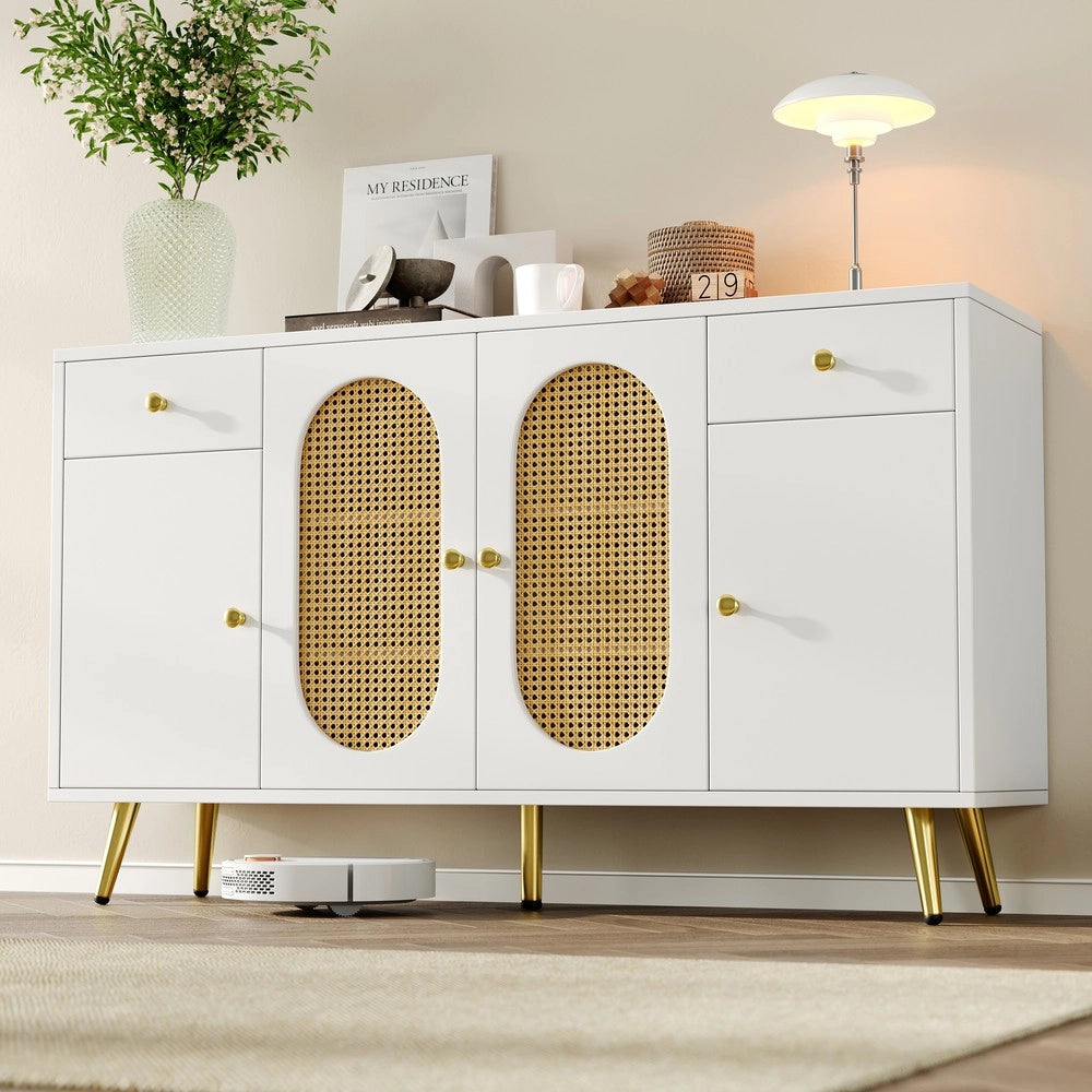 Cassettiera con 2 cassetti e 4 ante ¨C Minimal ¨C bianco legno naturale 140x35x82 cm per soggiorno cucina