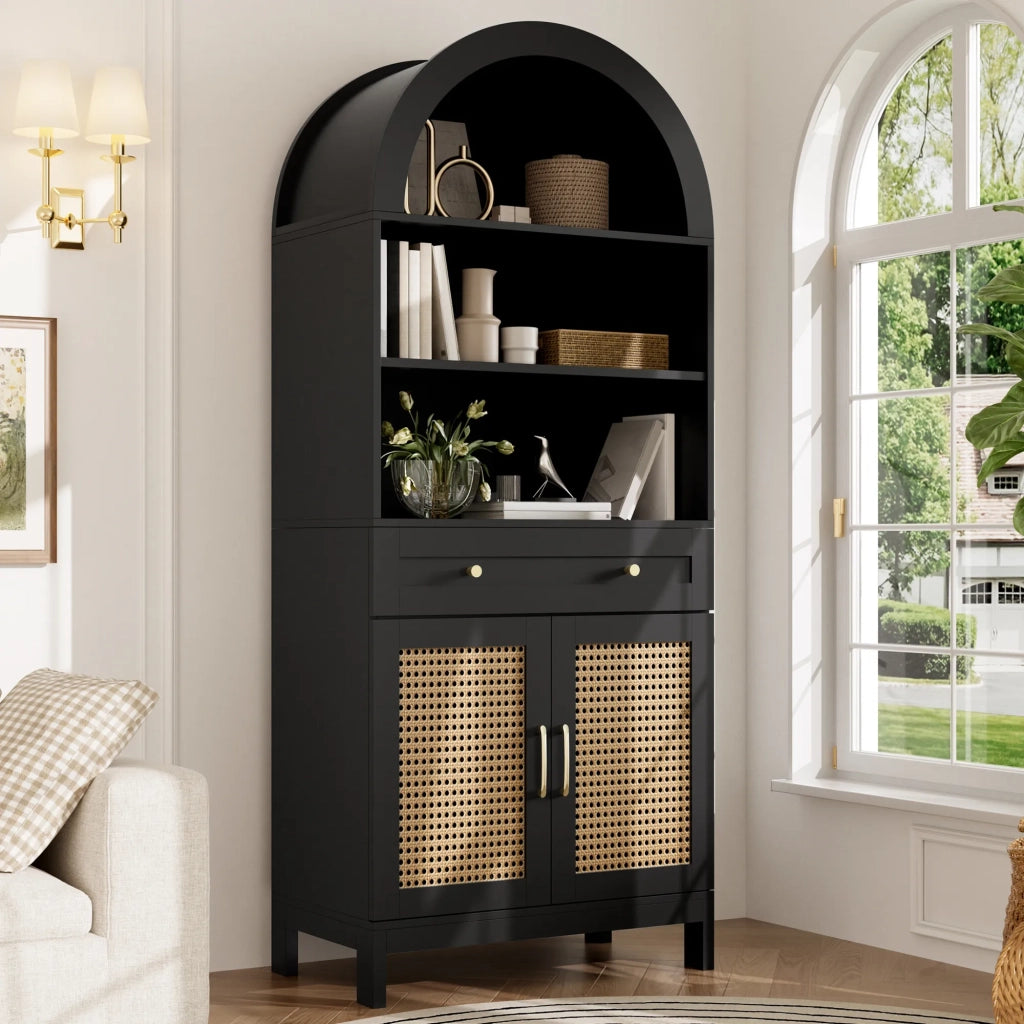Vetrina moderna ad arco 70x40x170 cm, nero e legno, ante in rattan, 3 ripiani espositivi, 2 ante, 1 cassetto, per soggiorno e ingresso