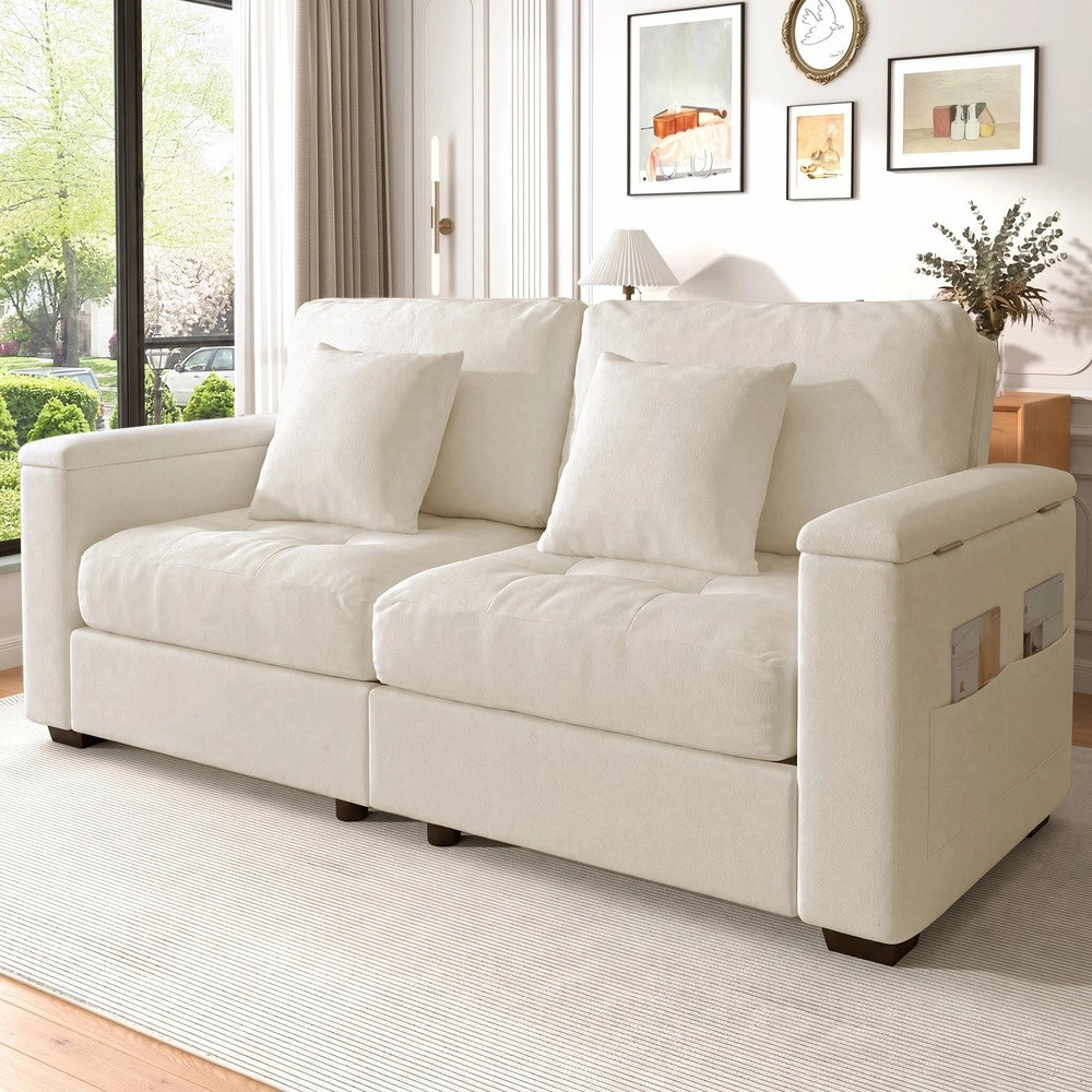 Divano 2 posti con contenitore ¨C Minimal ¨C Beige tessuto imbottito con cuscini