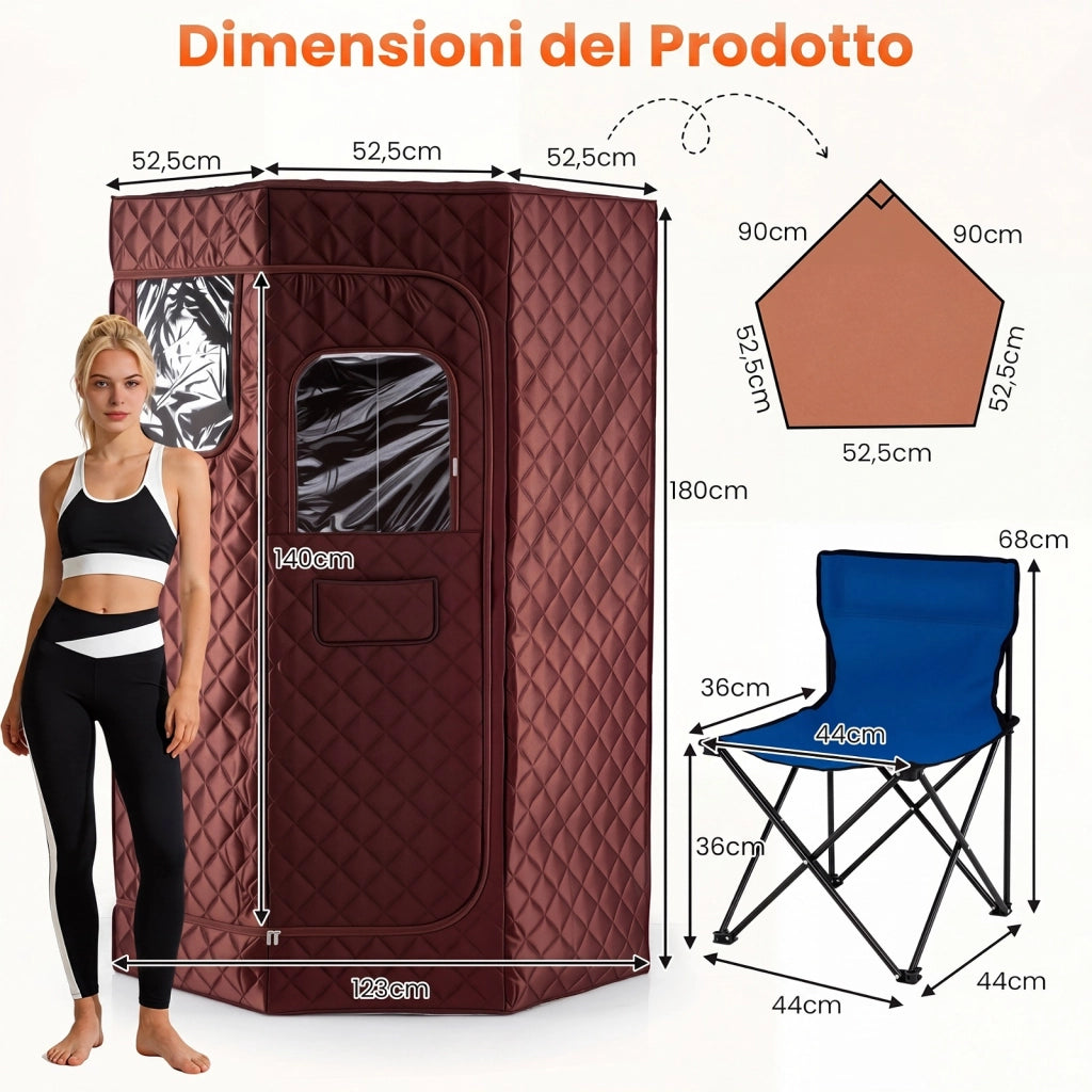 Sauna a vapore portatile con 3l generatore di vapore sedia pieghevole, Sauna da casa con 9 livelli regolabili di temperatura Marrone