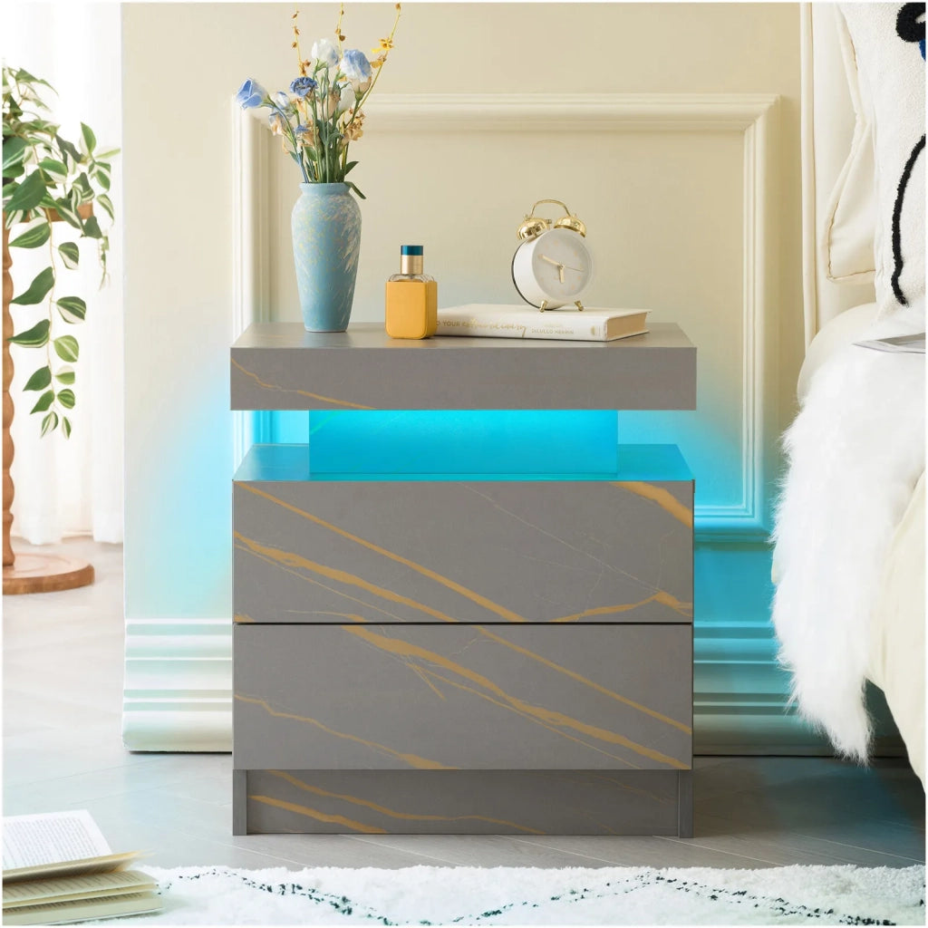 Comodino moderno con 2 cassetti, luci LED integrate, grigio e oro