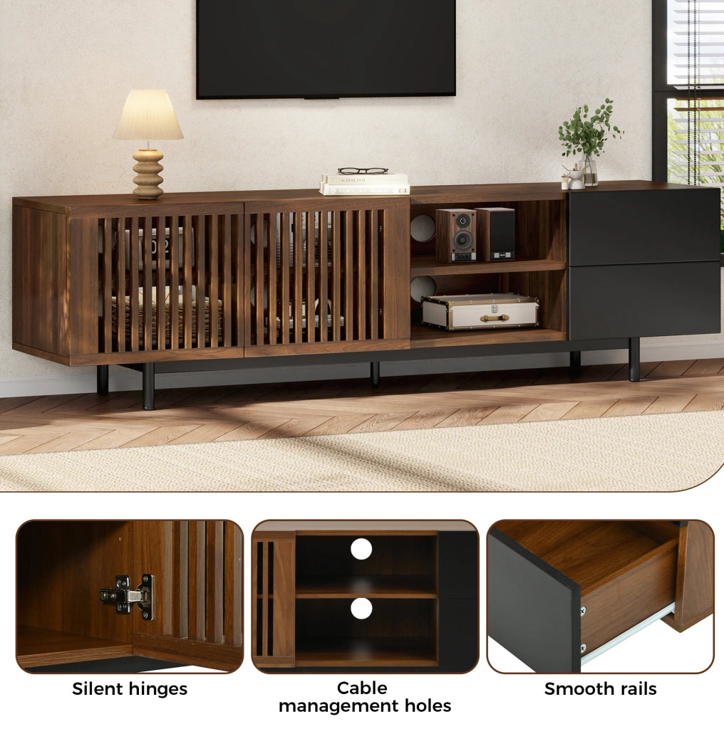 Mobile TV 160 × 38 × 50 cm in MDF; 2 ante e 2 cassetti; noce e nero