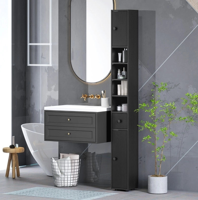 Mobile bagno nero 180 cm con ripiani aperti, 2 armadietti e cassetto