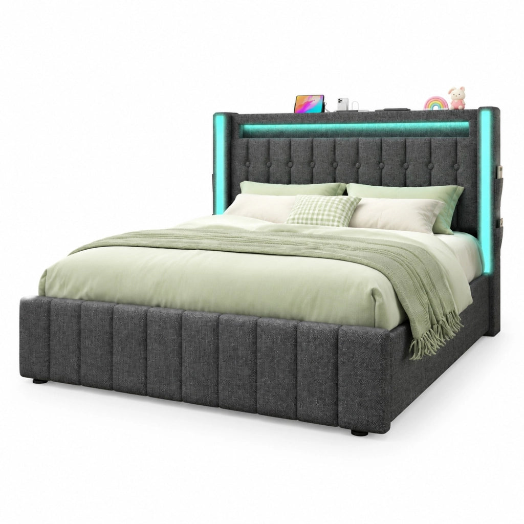 Letto imbottito grigio 160x200 cm con funzione di ricarica USB Type-C, illuminazione LED e 4 cassetti, struttura in legno con rete a doghe