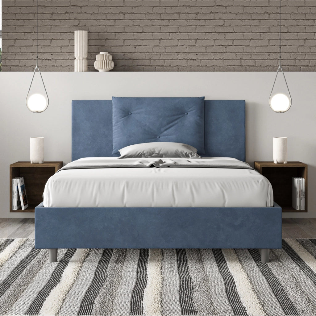 BS COM Letto una piazza e mezza senza rete imbottito 130x210 microfibra blu