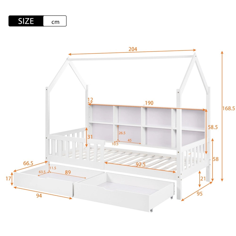 Letto Casetta per Bambini con Cassetti, Libreria e Contenitore ¨C MINIMAL ¨C Bianco 90x200