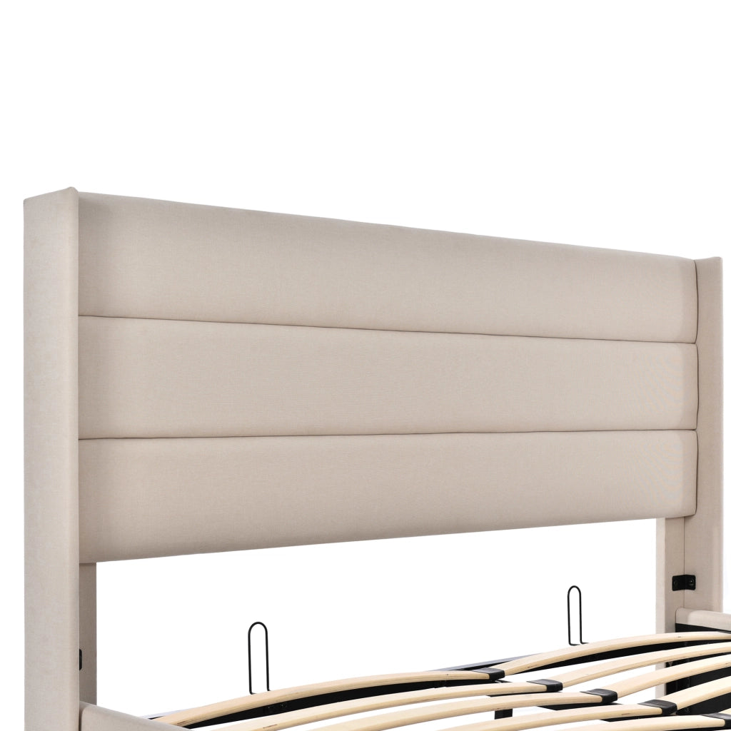 Letto imbottito con contenitore e rete sollevabile 140x200 cm; in lino beige