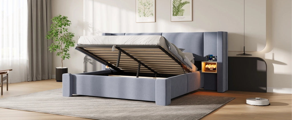 Letto matrimoniale imbottito 140 × 200 cm con contenitore idraulico in lino grigio e comodini LED