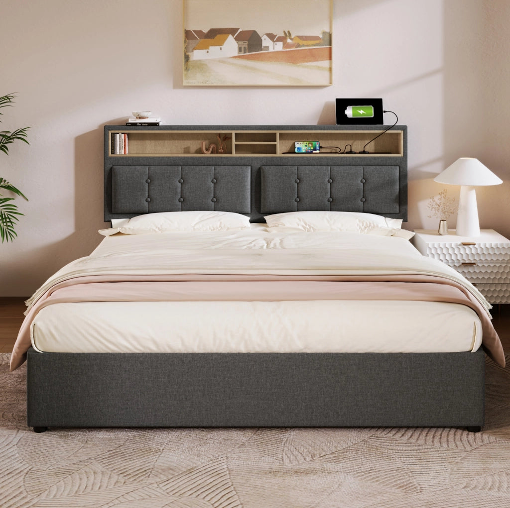Letto imbottito 160x200 cm con contenitore, prese USB-C e materasso grigio