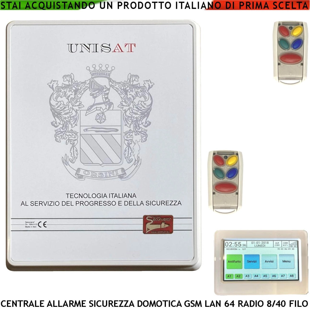 Centrale Impianto Sicurezza 64 Zone Radio 8 Filo Espandibili a 40 Collegamenti e Funzioni Programmabili 8 Aree 50 Utenti Comandi da APP RFID 2 Radiocomandi 868 MHz HiFi 5 Relè Domotica GSM/GPRS e LAN