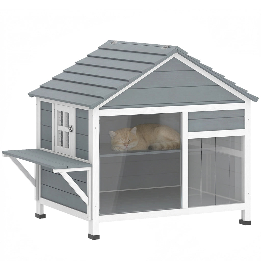 Casetta per Gatti da Esterno con Tetto Apribile e Finestra Panoramica Cuccia per Giardino Grigio 101x72,5x81cm