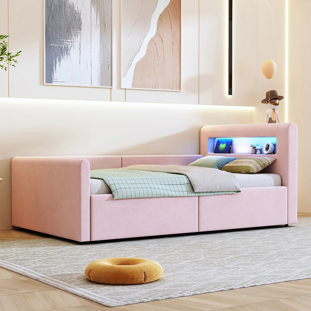 Letto bambino-Xylo-90x200 cm-LED, USB, idraulico, velluto rosa