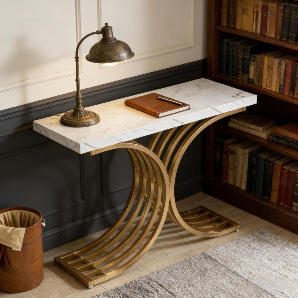 Tavolo consolle effetto marmo bianco e oro 100 x 30 x 80 cm