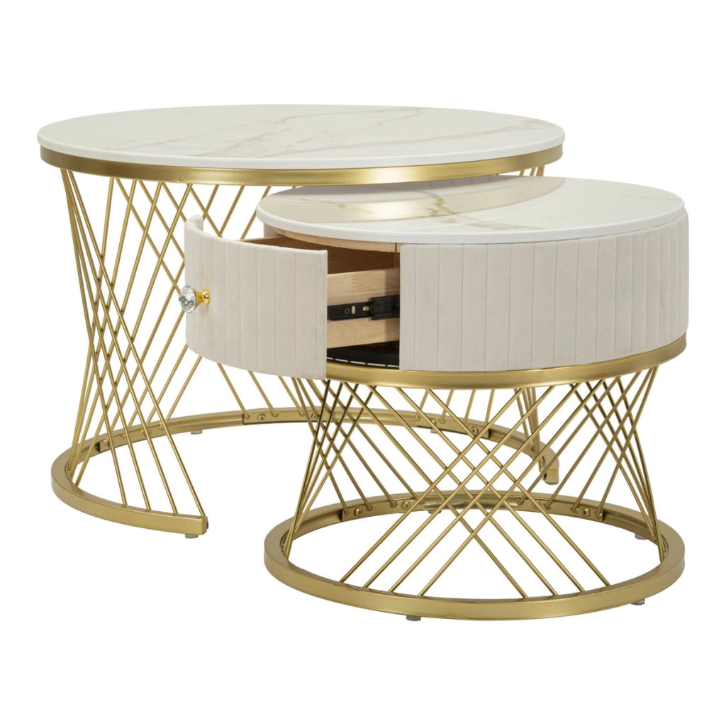 Coppia tavolini da caffe' Votix rotondi in crema e oro O70x48 e O50x43 cm