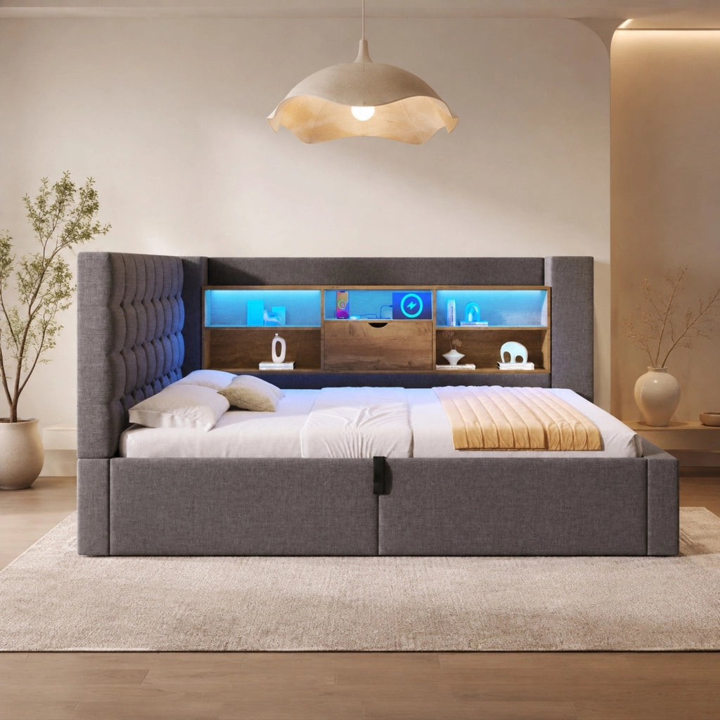 Letto con contenitore idraulico e LED; per materasso 140 × 190 cm; lino grigio