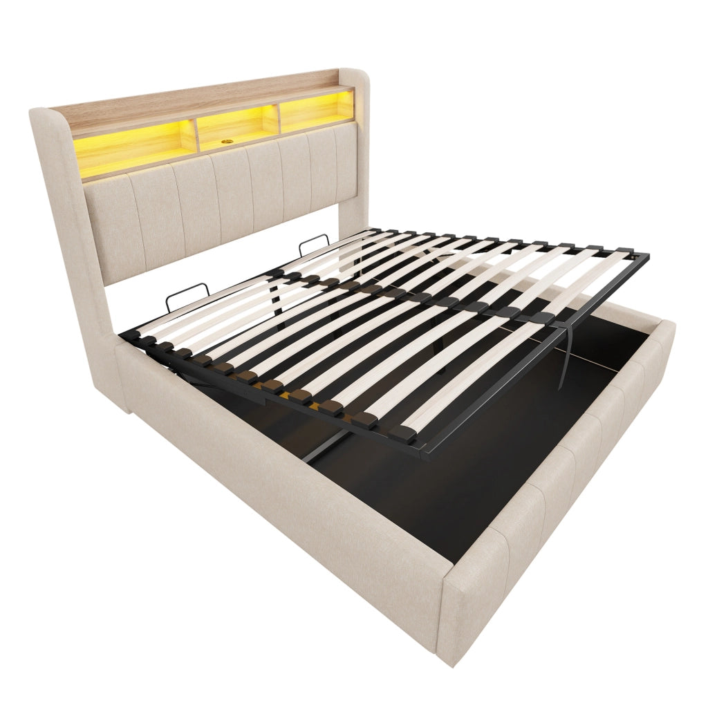 Letto matrimoniale imbottito 140x200 cm con LED, USB e contenitore idraulico, beige