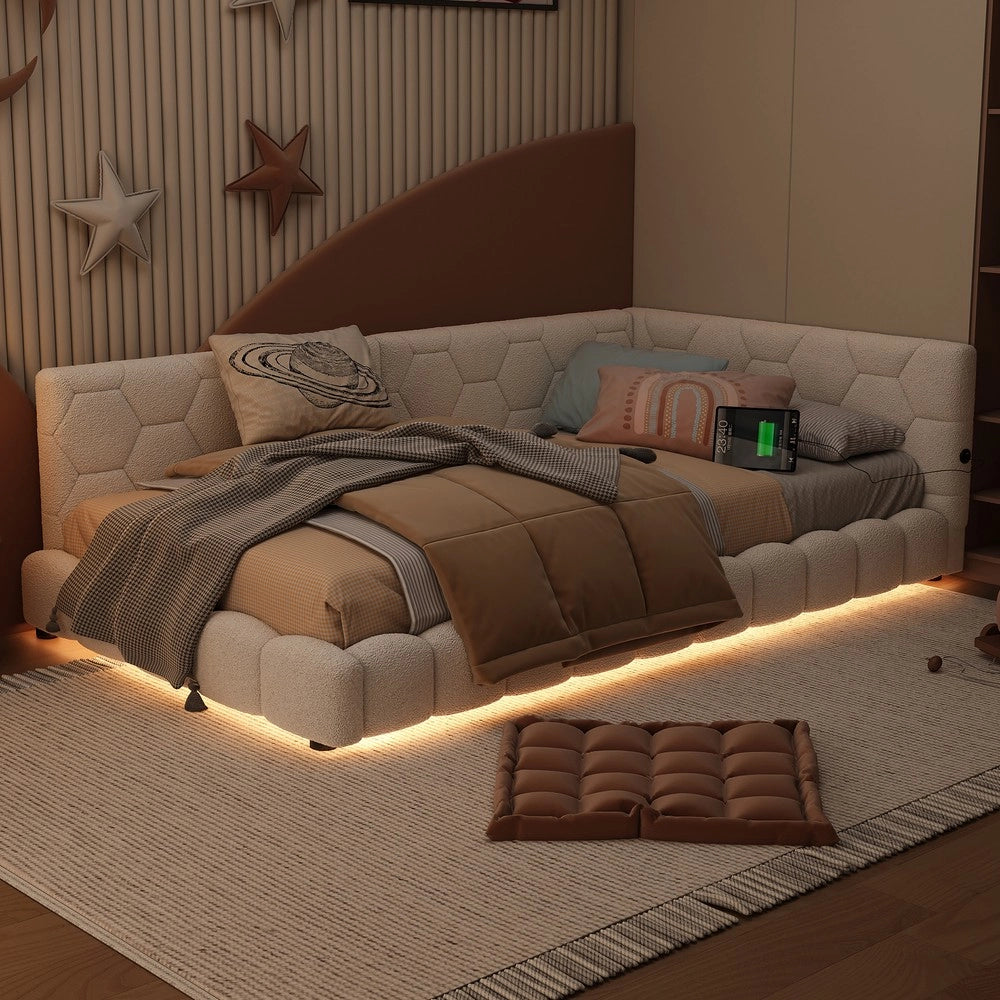 Letto daybett con rete a doghe e LED ¨C Minimal ¨C Bianco similpelle 90x200cm con USB Type-C