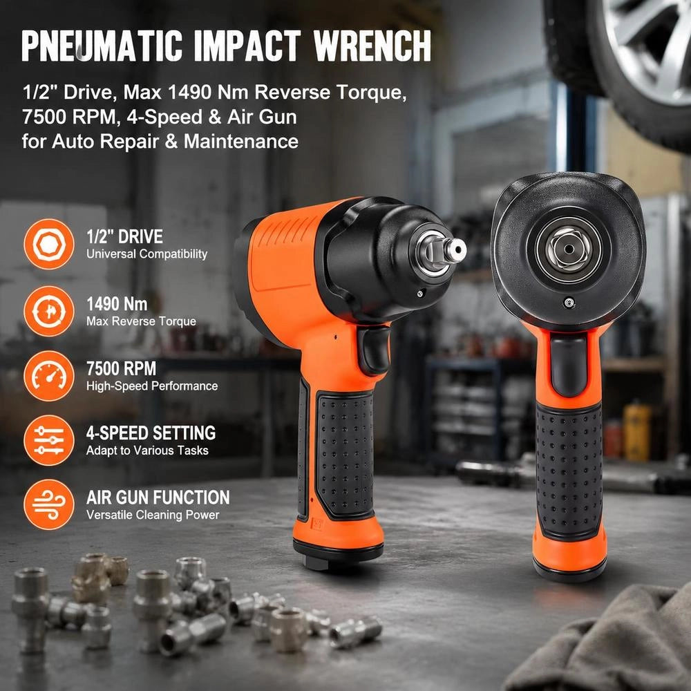 Pneumatic Impact Wrench, 12.7mm Drive, Up To 1490 Nm Reverse Torque, 7500 Rpm, 4-speed Setting & Pneumatic Air Gun For Car Repairs & Maintenance