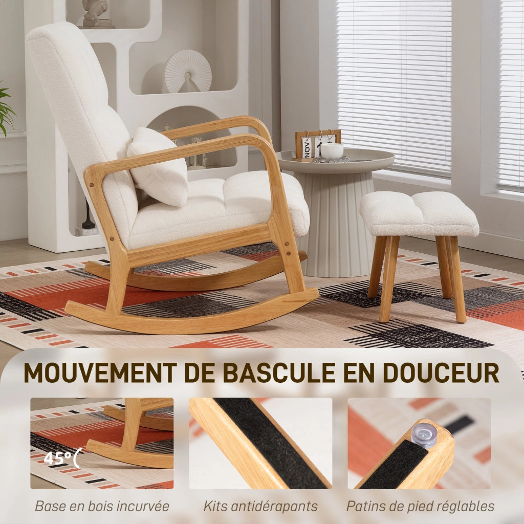 Poltrona a dondolo con poggiapiedi in tessuto bouclé bianco, sedia a dondolo con gambe in legno, 64,5 x 82 x 89 cm, per casa e relax
