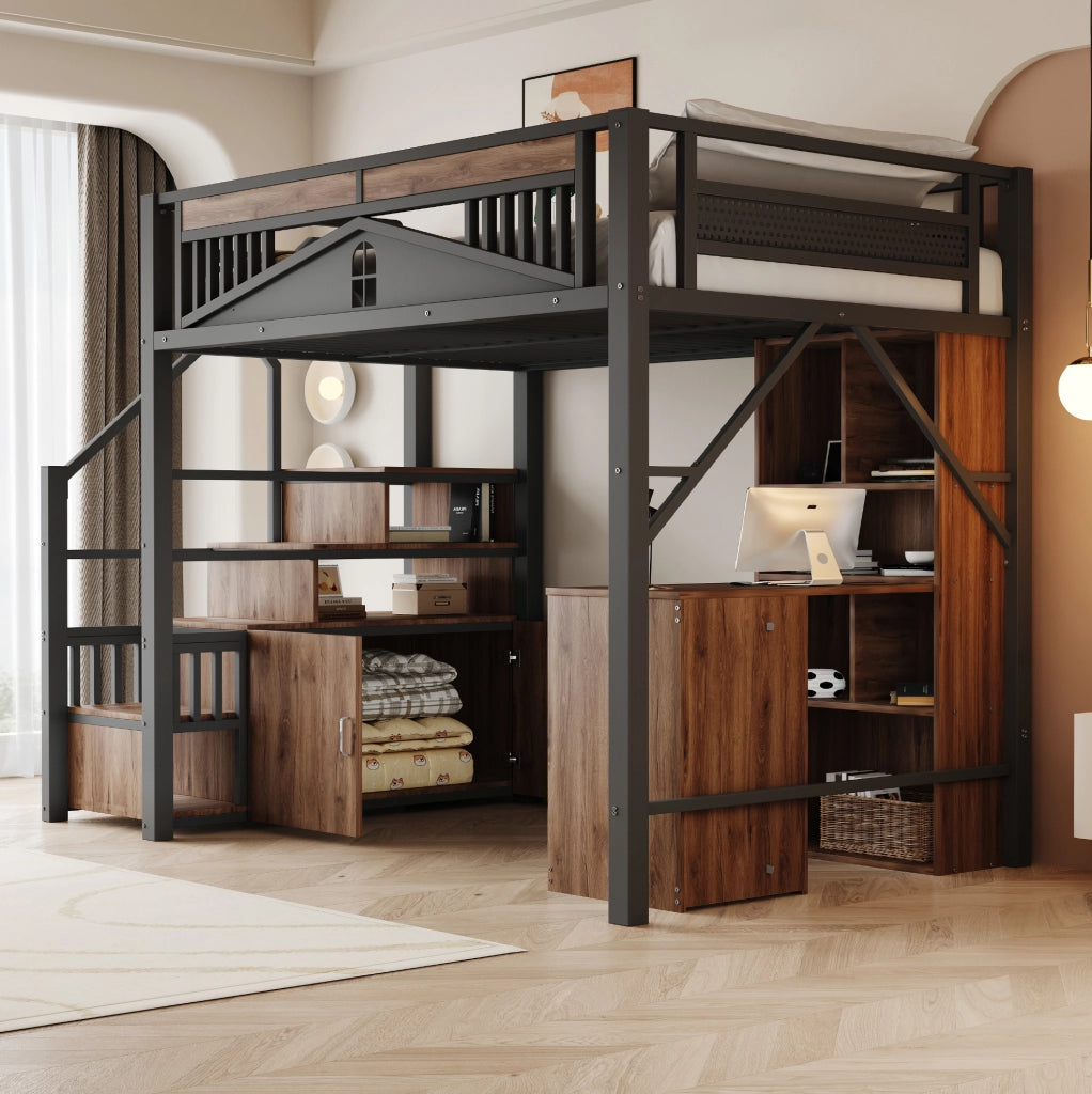 Letto a soppalco 140x200 cm in metallo nero con scale contenitore e finestra