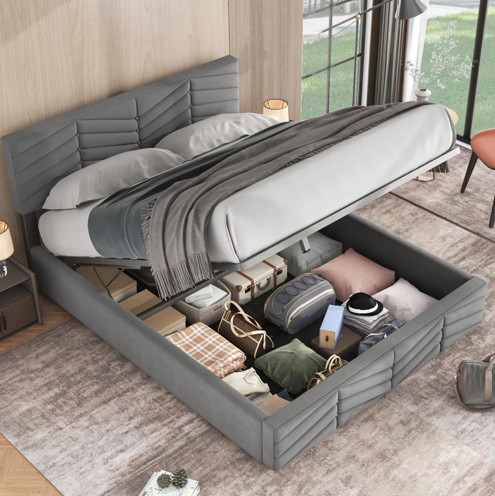 Letto imbottito matrimoniale con contenitore, testiera regolabile e design elegante