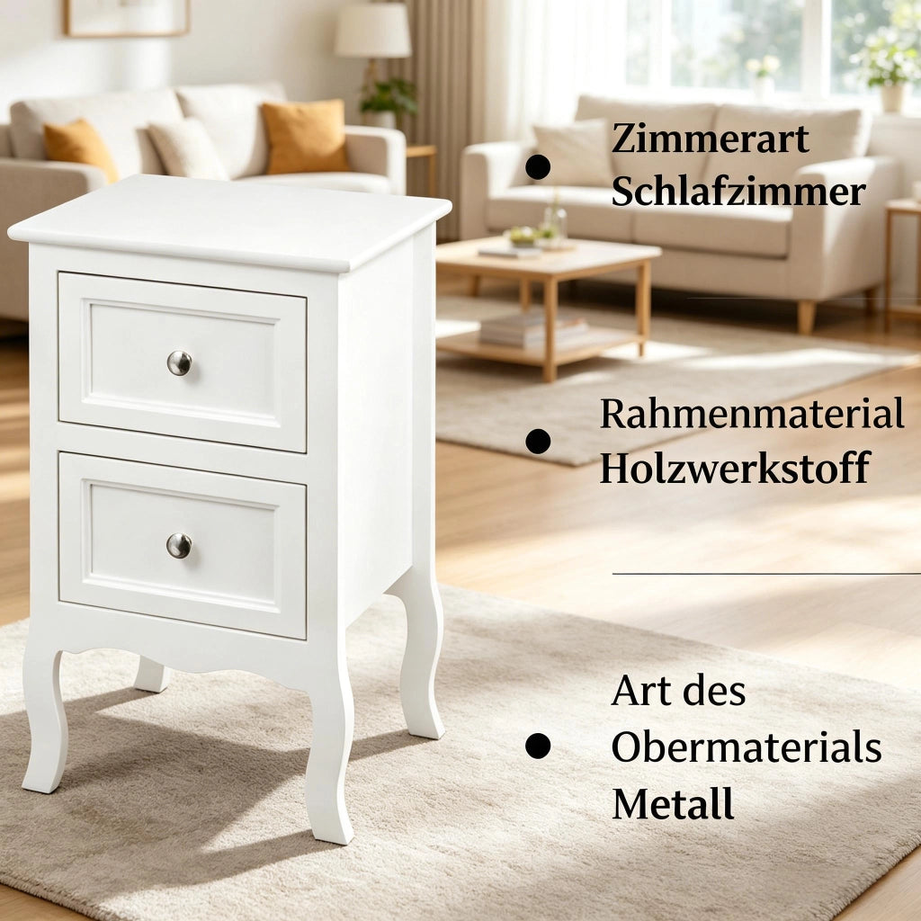 Comodino con 2 cassetti in MDF E1 laccato bianco con maniglie in metallo e gambe rialzate