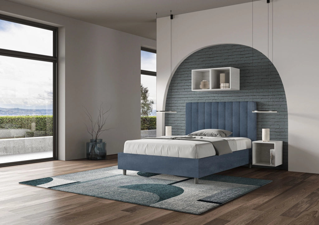 BS COM Letto una piazza e mezza con rete imbottito 120x200 microfibra blu