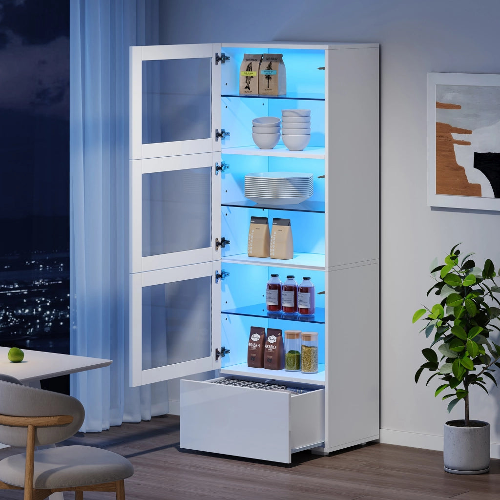 Vetrina con LED, 3 ante in acrilico, 1 cassetto e 6 vani, per soggiorno, in MDF e vetro, bianco, 60 × 40 × 173 cm