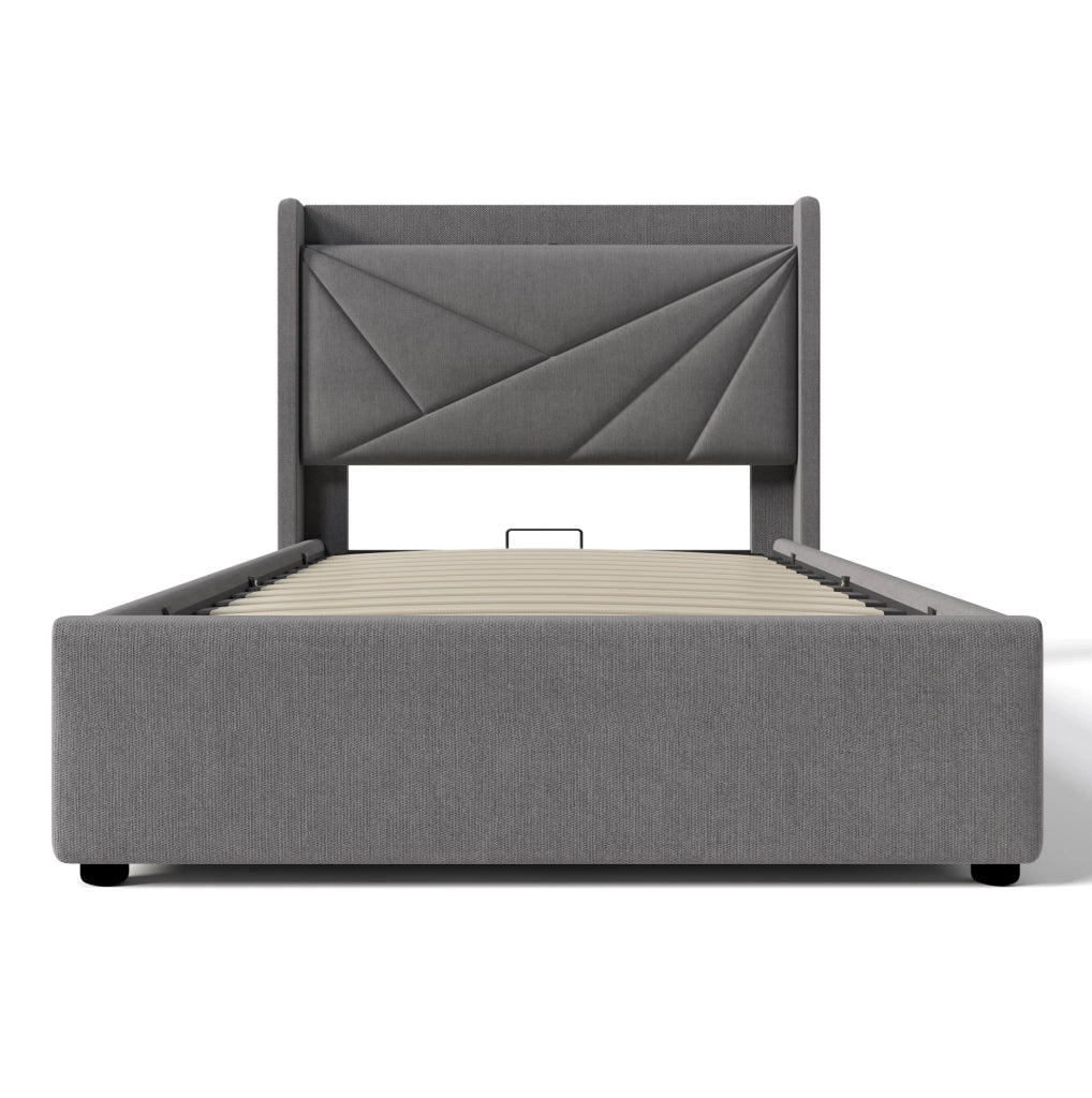 Letto singolo imbottito con contenitore 90x200 cm, USB e Type-C, grigio